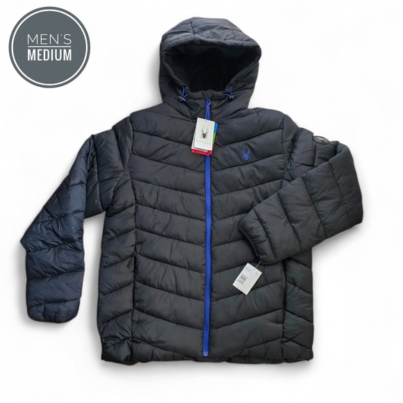 Spyder Other - Spyder Mens Black Blue Hooded Puffer Jacket ThermoWeb Retail $199 Medium NWT NEW